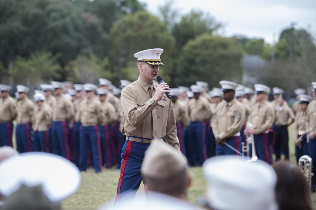 Colonel Derrick Heyl, Commanding Officer of Headquarters Battalion, Marine Forces Reserve, addresses Marines at the 241st Marine Corps birthday celebration here, Nov. 9, 2016. Each year, the Marines celebrate the Corps’ birthday with a cake-cutting ceremony followed by a run. Since Nov. 10, 1775, the United States Marine Corps has earned the reputation as the world's most effective expeditionary fighting force – engaging in combat on battlefields across the globe. (U.S. Marine Corps photo by Sgt. Sara Graham)