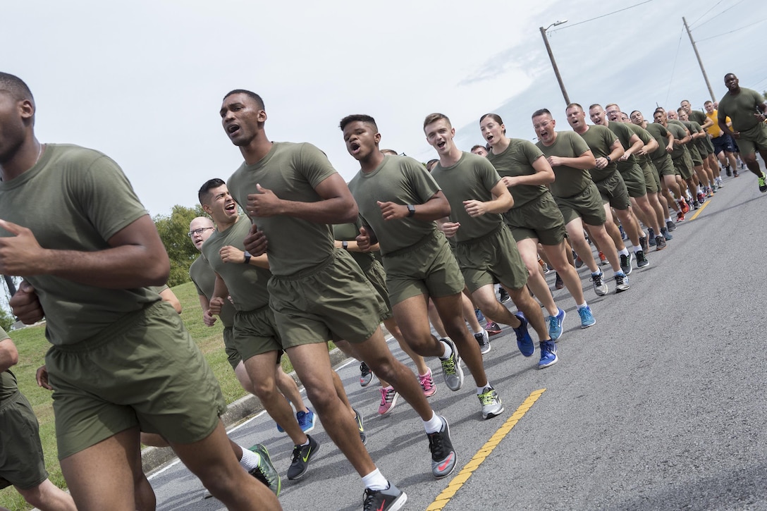 Marines with Marine Forces Reserve, run through the streets here during a 3-mile motivational formation run here Nov. 9, 2016. Each year, the Marines celebrate the Corps’ birthday with a cake-cutting ceremony followed by a run. Since Nov. 10, 1775, the United States Marine Corps has earned the reputation as the world's most effective expeditionary fighting force – engaging in combat on battlefields across the globe. (U.S. Marine Corps photo by Sgt. Sara Graham)