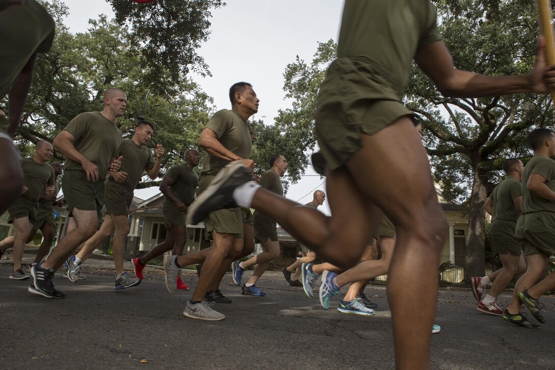 Marines from Marine Forces Reserve run through the streets here during a 3-mile motivational formation run Nov. 9, 2016. Each year, the Marines celebrate the Corps’ birthday with a cake-cutting ceremony followed by a run. Since Nov. 10, 1775, the United States Marine Corps has earned the reputation as the world's most effective expeditionary fighting force – engaging in combat on battlefields across the globe. (U.S. Marine Corps photo by Sgt. Sara Graham)