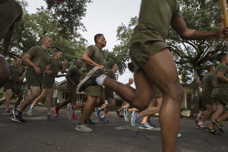 Marines from Marine Forces Reserve run through the streets here during a 3-mile motivational formation run Nov. 9, 2016. Each year, the Marines celebrate the Corps’ birthday with a cake-cutting ceremony followed by a run. Since Nov. 10, 1775, the United States Marine Corps has earned the reputation as the world's most effective expeditionary fighting force – engaging in combat on battlefields across the globe. (U.S. Marine Corps photo by Sgt. Sara Graham)