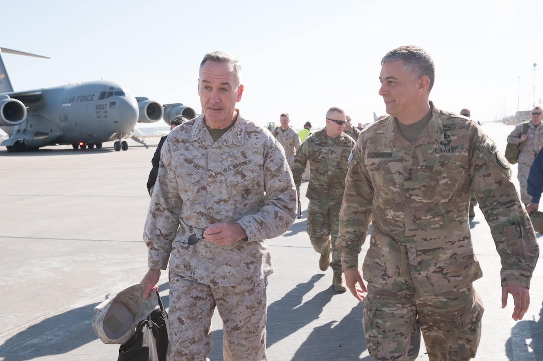 Marine Corps Gen. Joe Dunford, chairman of the Joint Chiefs of Staff,  talks with by Army Lt. Gen. Stephen J. Townsend,  commander of Combined Joint Task Force Operation Inherent Resolve, upon his arrival in Baghdad, Nov. 9, 2016. DoD photo by D. Myles Cullen
