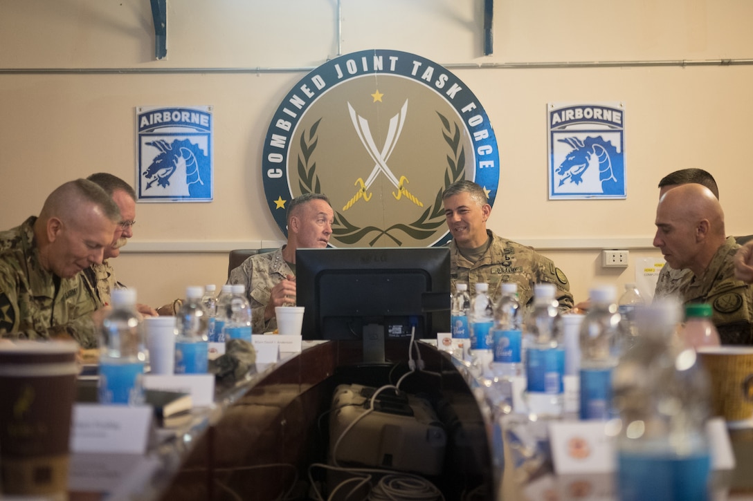 Marine Corps Gen. Joe Dunford., chairman of the Joint Chiefs of Staff,  and Army Lt. Gen. Stephen J. Townsend,  commander of Combined Joint Task Force Operation Inherent Resolve, meet with staffers in Baghdad, Nov. 9, 2016. DoD photo by D. Myles Cullen