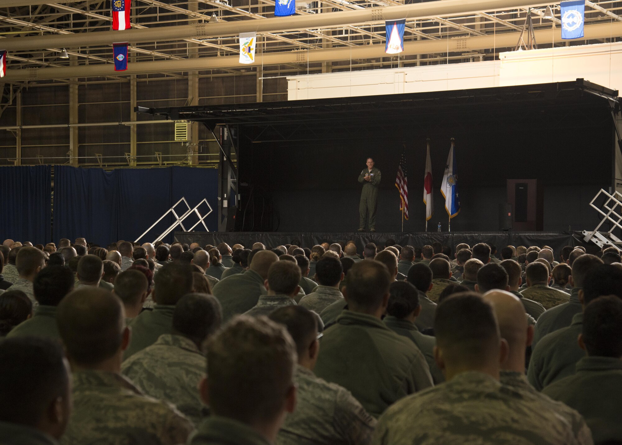 U.S. Air Force Chief of Staff, Gen. David L. Goldfein, addresses Airmen during an all-call at Misawa Air Base, Japan, Nov. 9, 2016. During his immersion tour, Goldfein took time to address many opportunities Airmen and their civilian counterparts have at Misawa, while discussing his focus areas as CSAF. (U.S. Air Force photo by Airman 1st Class Sadie Colbert)