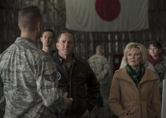 U.S. Air Force Staff Sgt. Christopher Stephens, left, a 610th Air Control Flight weapons director, speaks with Air Force Chief of Staff, Gen. David L. Goldfein and his wife, Dawn, right, during his immersion tour at Misawa Air Base, Japan, Nov. 9, 2016. During the tour, Goldfein spoke with both U.S. and Japan Air Self-Defense Force service members to gain insight on the joint relationships and capabilities of the base. Goldfein also learned about the U.S. Navy and Army mission at Misawa. (U.S. Air Force photo by Airman 1st Class Sadie Colbert)