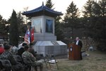 Col. (R) William M. Alexander, now 2nd Infantry Division Museum director, spoke about the importance and history of Veteran's Day and about the importance of honoring those who have served in the armed services during the Veteran's Day ceremony held at Medal of Honor Park on Camp Red Cloud, South Korea, Nov. 9, 2016. The ceremony honored veterans and active duty servicemembers from both the U.S. and ROK military.