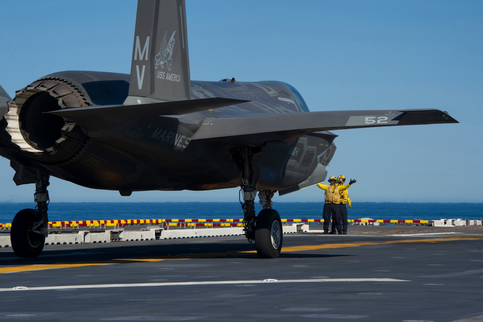 161104-N-VR008-0102 PACIFIC OCEAN (Nov. 4, 2016) An F-35B Lightning II aircraft takes off from the flight deck of amphibious assault ship USS America (LHA 6) during flight operations. The F-35B short takeoff/vertical landing (STOVL) variant is the world’s first supersonic STOVL stealth aircraft. America, with Marine Operational Test and Evaluation Squadron 1 (VMX-1), Marine Fighter Attack Squadron 211 (VMFA-211) and Air Test and Evaluation Squadron 23 (VX-23) embarked, are underway conducting operational testing and the third phase of developmental testing for the F-35B Lightning II aircraft, respectively. The tests will evaluate the full spectrum of joint strike fighter measures of suitability and effectiveness in an at-sea environment. (U.S. Navy photo by Petty Officer 3rd Class Kyle Goldberg/Released)