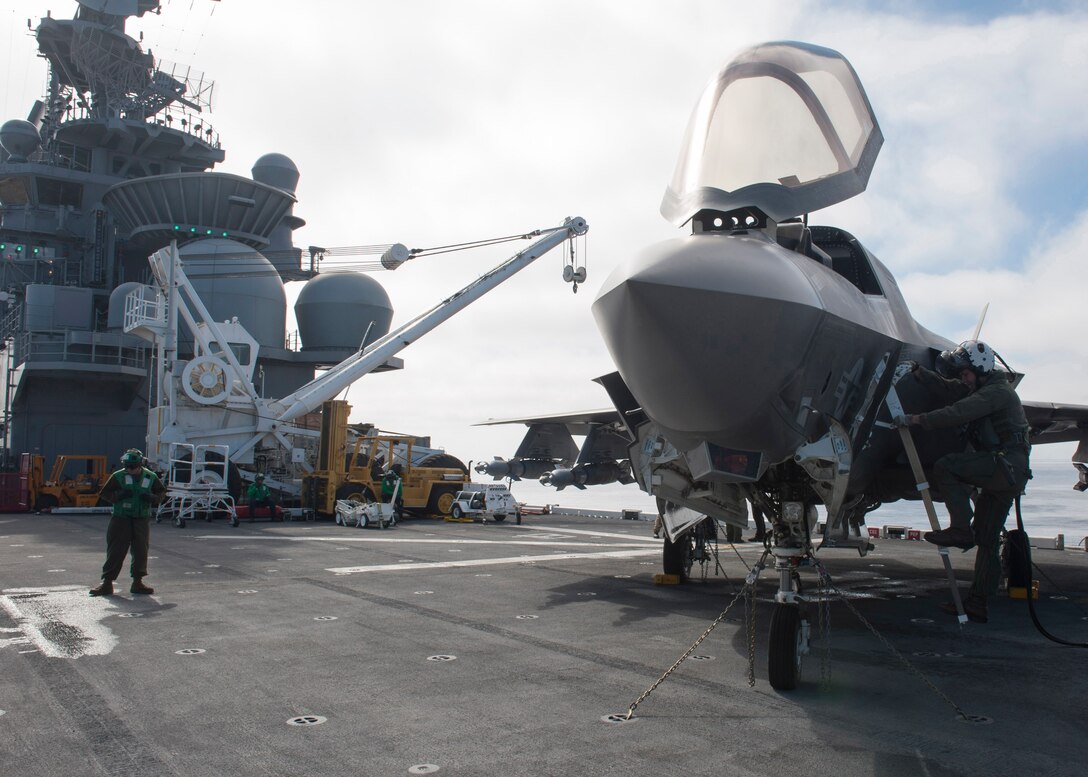 161104-N-VR008-0102 PACIFIC OCEAN (Nov. 4, 2016) An F-35B Lightning II aircraft takes off from the flight deck of amphibious assault ship USS America (LHA 6) during flight operations. The F-35B short takeoff/vertical landing (STOVL) variant is the world’s first supersonic STOVL stealth aircraft. America, with Marine Operational Test and Evaluation Squadron 1 (VMX-1), Marine Fighter Attack Squadron 211 (VMFA-211) and Air Test and Evaluation Squadron 23 (VX-23) embarked, are underway conducting operational testing and the third phase of developmental testing for the F-35B Lightning II aircraft, respectively. The tests will evaluate the full spectrum of joint strike fighter measures of suitability and effectiveness in an at-sea environment. (U.S. Navy photo by Petty Officer 3rd Class Kyle Goldberg/Released)