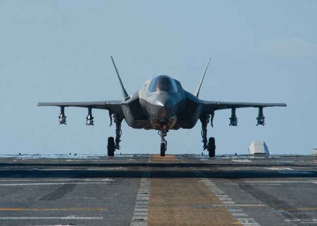 161104-N-VR008-0102 PACIFIC OCEAN (Nov. 4, 2016) An F-35B Lightning II aircraft takes off from the flight deck of amphibious assault ship USS America (LHA 6) during flight operations. The F-35B short takeoff/vertical landing (STOVL) variant is the world’s first supersonic STOVL stealth aircraft. America, with Marine Operational Test and Evaluation Squadron 1 (VMX-1), Marine Fighter Attack Squadron 211 (VMFA-211) and Air Test and Evaluation Squadron 23 (VX-23) embarked, are underway conducting operational testing and the third phase of developmental testing for the F-35B Lightning II aircraft, respectively. The tests will evaluate the full spectrum of joint strike fighter measures of suitability and effectiveness in an at-sea environment. (U.S. Navy photo by Petty Officer 3rd Class Kyle Goldberg/Released)