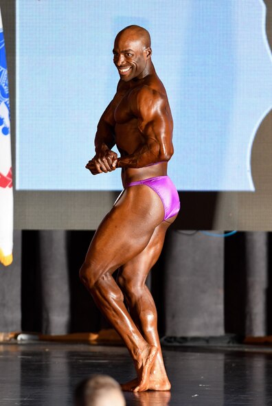 U.S. Army Sgt. Kendall Hampton poses during the 2016 Mustang Mania Bodybuilding Competition on Osan Air Base, Republic of Korea, Nov. 5, 2016. Hampton won first overall in the bodybuilding category during the competition. (U.S. Air Force photo by Staff Sgt. Jonathan Steffen)