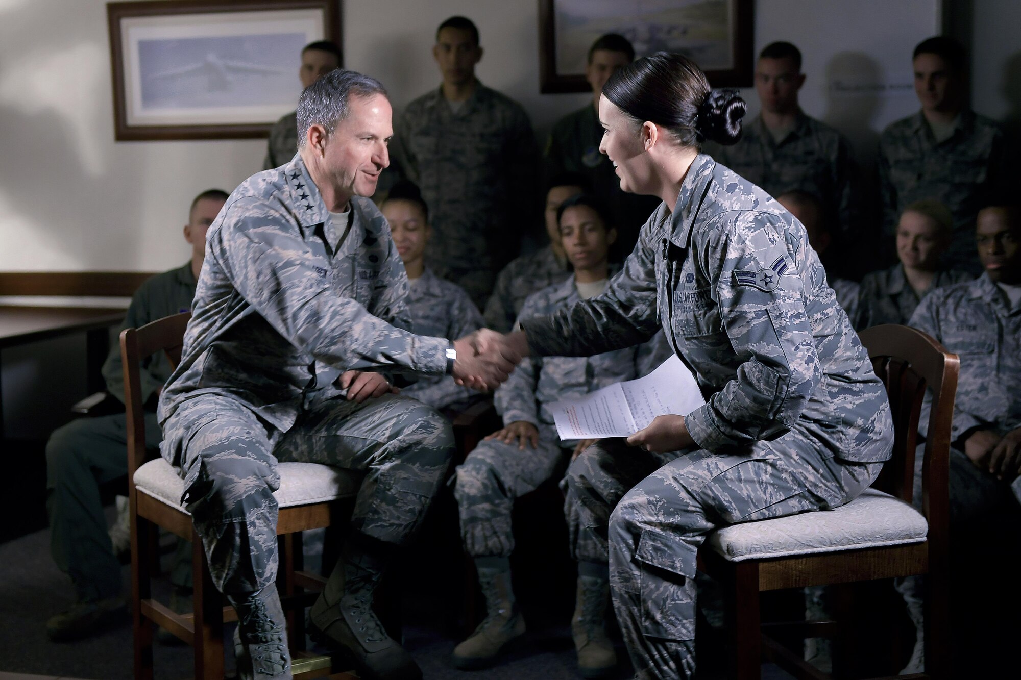Air Force Chief of Staff Gen. David L. Goldfein sits down for an interview at Yokota Air Base, Japan, Nov. 8, 2016. Goldfein traveled to Yokota to meet with Airmen and discuss his focus areas as Air Force Chief of Staff as well as the Air Force mission throughout the Indo-Asia Pacific region. (U.S. Air Force photo by Senior Airman Delano Scott/Released)