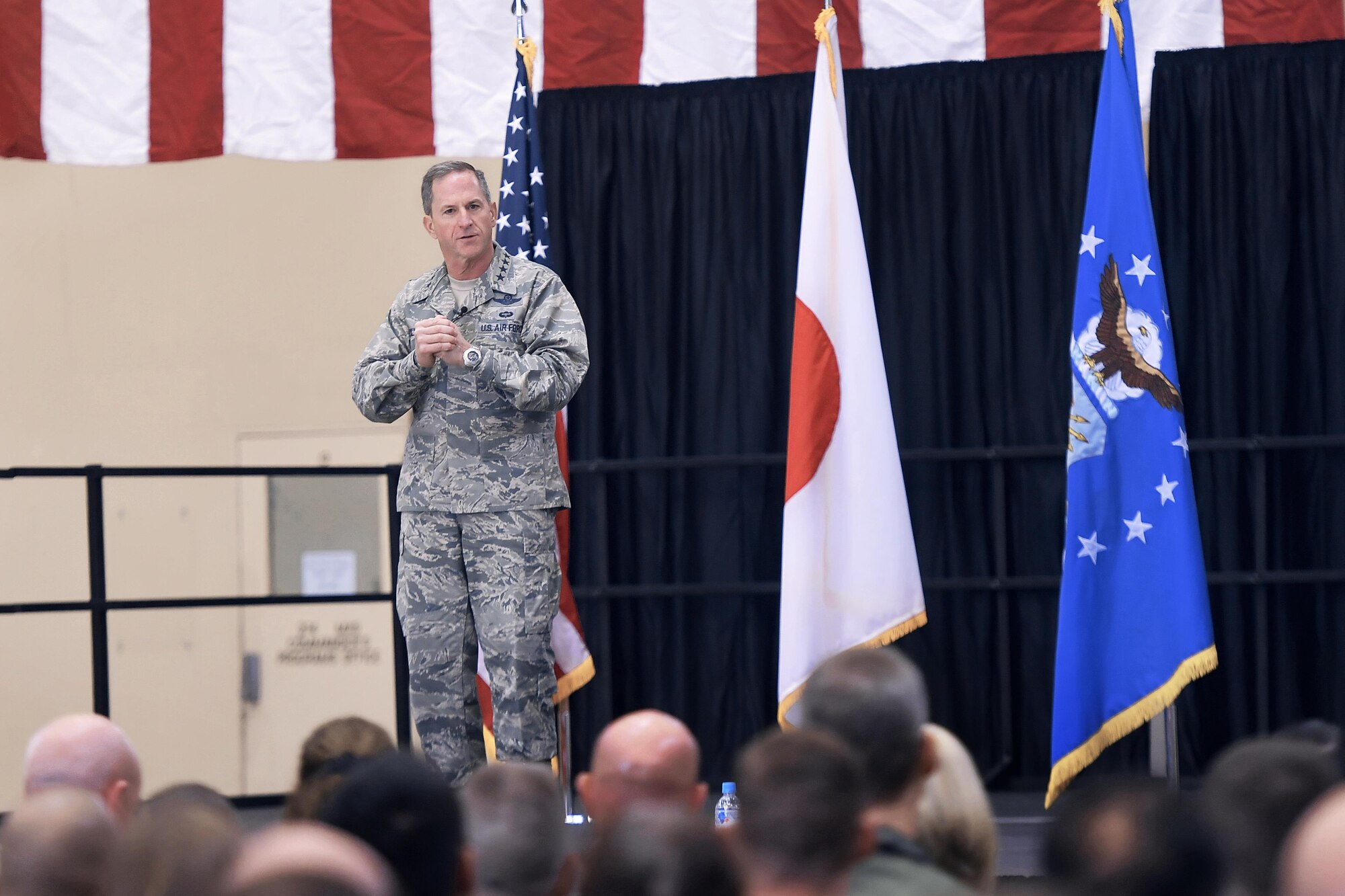 Air Force Chief of Staff Gen. David L. Goldfein speaks to Airmen during an all call at Yokota Air Base, Japan, Nov. 8, 2016.  Goldfiein visited Yokota to an immersion on Yokota Air Base’s mission as well as to discuss his focus areas of revitalizing squadrons, strengthening joint leaders and teams and multi-domain command and control.  (U.S. Air Force photo by Senior Airman Delano Scott/Released)