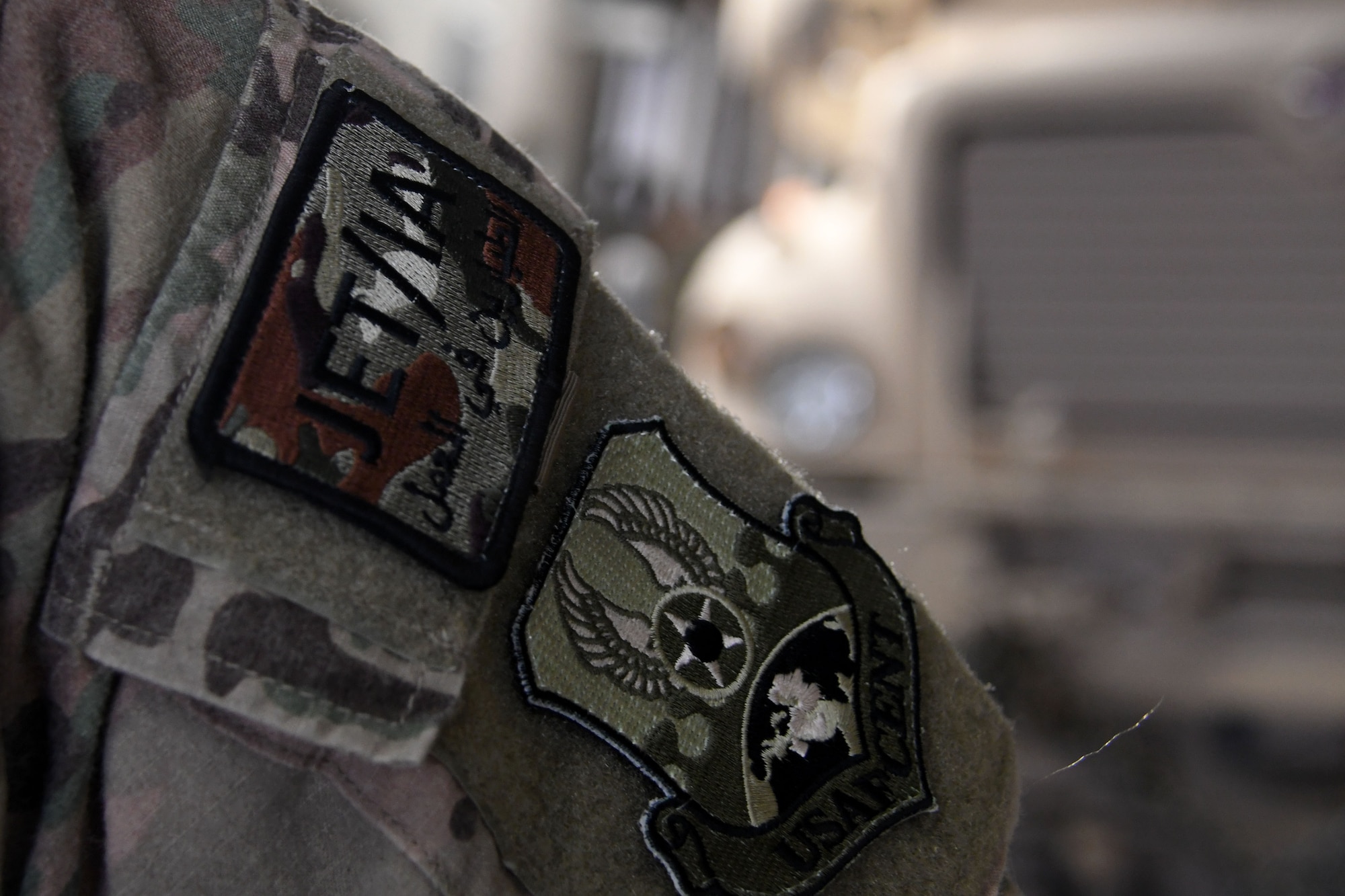 A JET/IA patch is affixed to the uniform of Tech Sgt. Ronald Gowen, a logistician assigned to the 387th Air Expeditionary Squadron.  The 387th Air Expeditionary Squadron is responsible for more than 300 of these Joint Expeditionary Tasking and Individual Augmentee Airmen, who are currently deployed in 10 to 12 different countries. (U.S. Air Force photo/Senior Airman Andrew Park)

