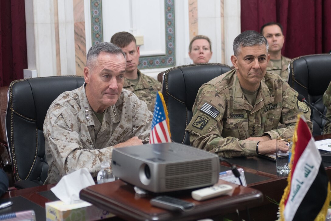 Marine Corps Gen. Joe Dunford, chairman of the Joint Chiefs of Staff,  and Army Lt. Gen. Stephen J. Townsend, commander of Combined Joint Task Force Operation Inherent Resolve, meet with top Iraqi military officials at the Ministry of Defense in Baghdad, Nov. 9, 2016. DoD photo by D. Myles Cullen