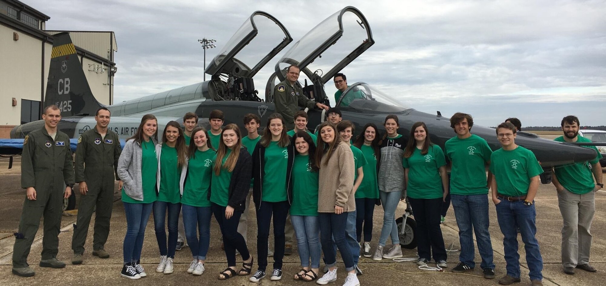 Tenth-grade students from local schools in the Lowndes Young Leaders program and 14th Flying Training Wing pilots pause for a photo Nov. 8, 2016, next to a T-38 Talon aircraft at Columbus Air Force Base, Mississippi. The students were hand-picked from more than 200 applicants to visit a variety of businesses and organizations in the local region to gain a better understanding of how various industries function. (U.S. Air Force photo by 1st Lt. Lauren Woods) 