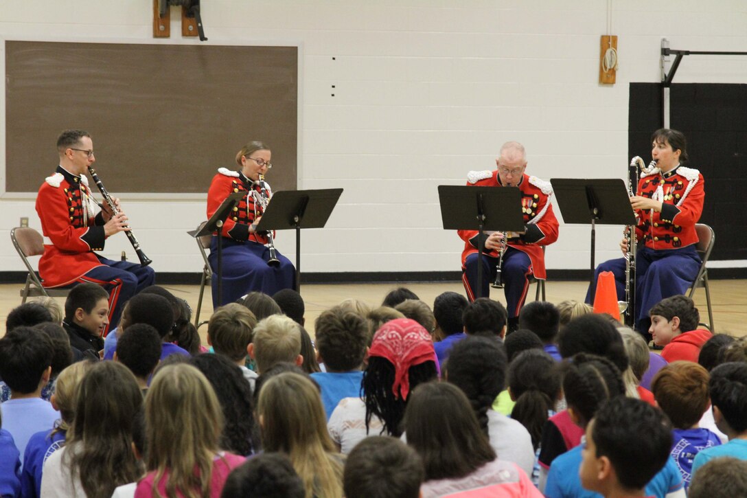 On Oct. 28, 2016, a Marine Band Clarinet Quartet performed a program about Presidential Inauguration music for the students of Belle View Elementary School in Alexandria, VA. (U.S. Marine Corps photo by Master Sgt. Amanda Simmons/released)