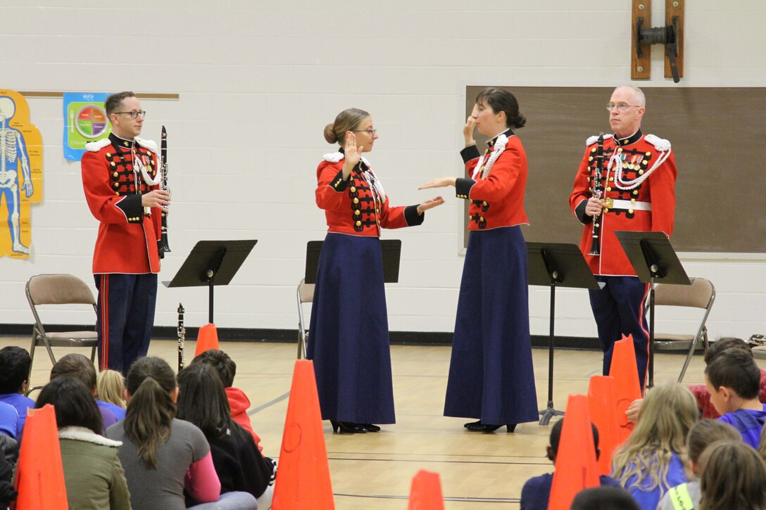 On Oct. 28, 2016, a Marine Band Clarinet Quartet performed a program about Presidential Inauguration music for the students of Belle View Elementary School in Alexandria, VA. (U.S. Marine Corps photo by Master Sgt. Amanda Simmons/released)