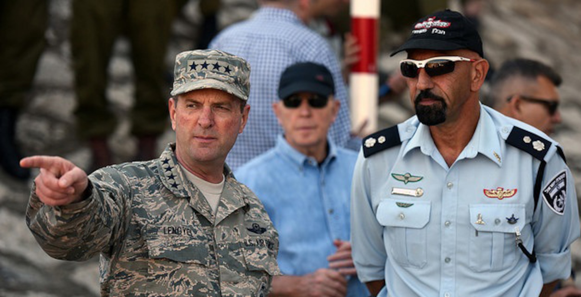 Air Force Gen. Joseph Lengyel, chief, National Guard Bureau, talks with Israel Police Col. Yitzik Cohen during a visit to observe Exercise Silver Jewel, a simulated terrorist attack, Hadera, Israel, Nov. 8, 2016. The National Guard has a homeland security cooperation partnership with the Israeli Defense Forces Home Front Command. 