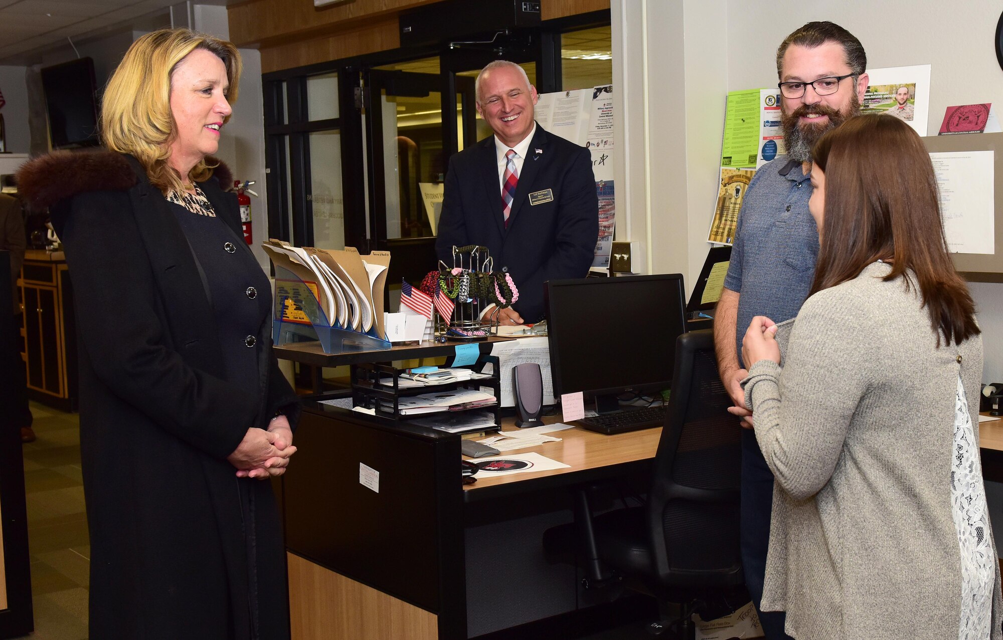 Secretary of the Air Force Deborah Lee James receives a briefing on student-military relations at the University of Central Missouri (UCM) in Warrensburg, Mo., Nov. 7, 2016. James visited the Military and Veterans Success Center to learn about the Whiteman Advantage program, at UCM to learn more about the unique relationship between UCM and Whiteman Air Force Base.  (U.S. Air Force photo by Airman Michaela R. Slanchik)