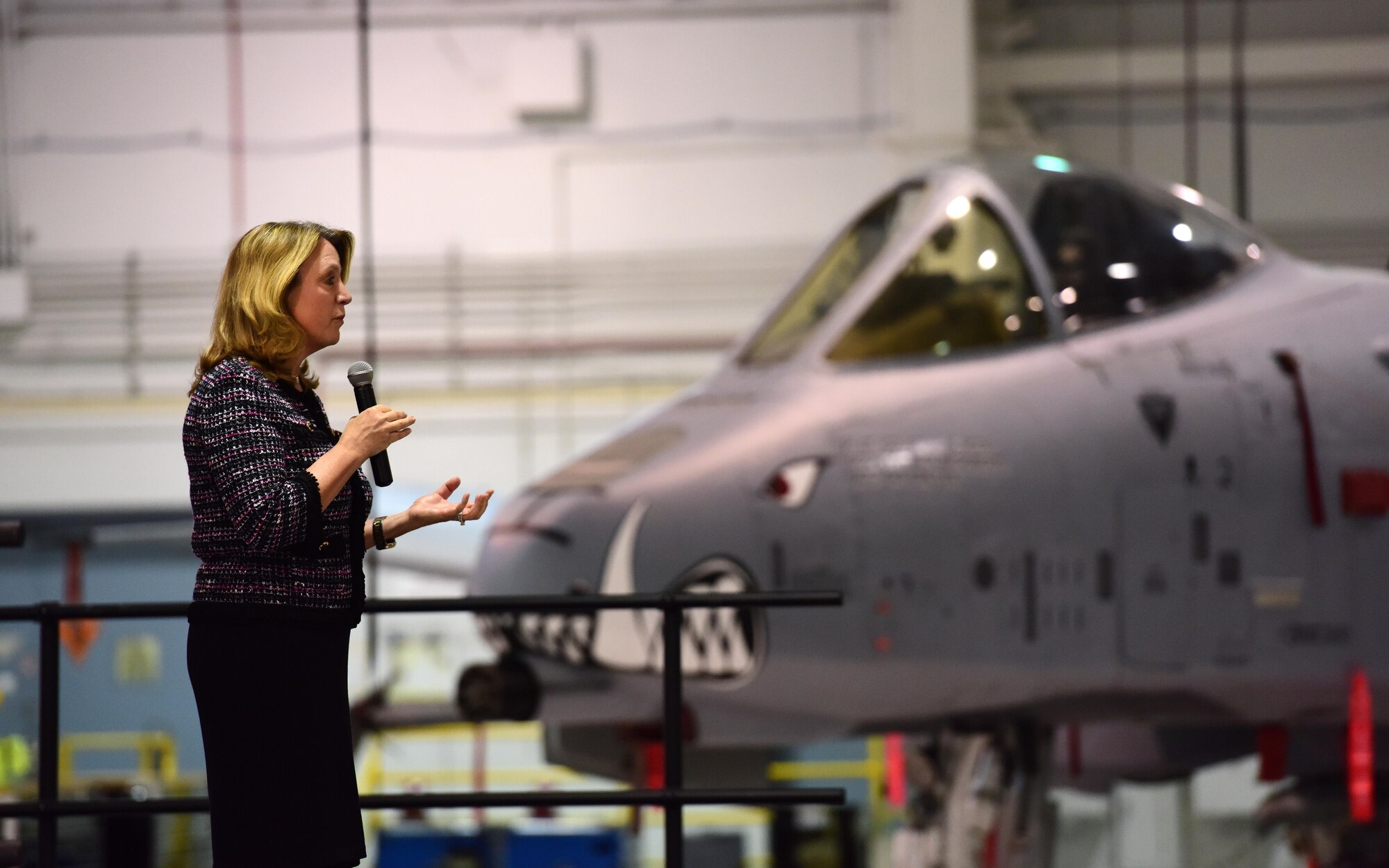 Secretary of the Air Force Deborah Lee James speaks during an all call at Whiteman Air Force Base, Mo., Nov. 9, 2016. During the all call, James discussed her top three priorities, taking care of people, balancing today’s readiness with tomorrow’s modernization and making every dollar count. (U.S. Air Force photo by Senior Airman Joel Pfiester)