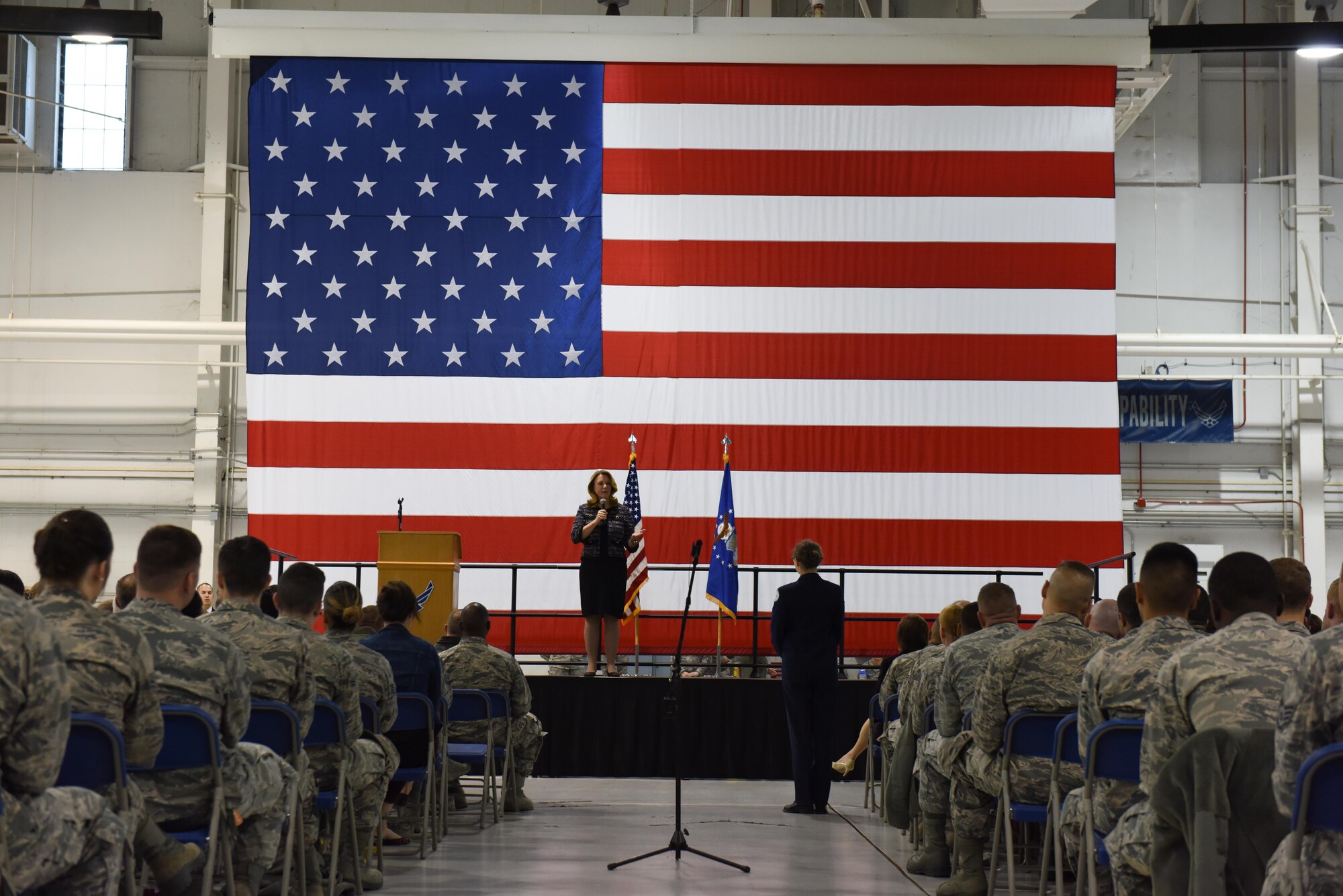 Secretary of the Air Force Deborah Lee James answers a question during an all call at Whiteman Air Force Base, Mo., Nov. 9, 2016. James addressed a number of different topics after she presented her priorities moving forward into 2017. (U.S. Air Force photo by Senior Airman Danielle Quilla)