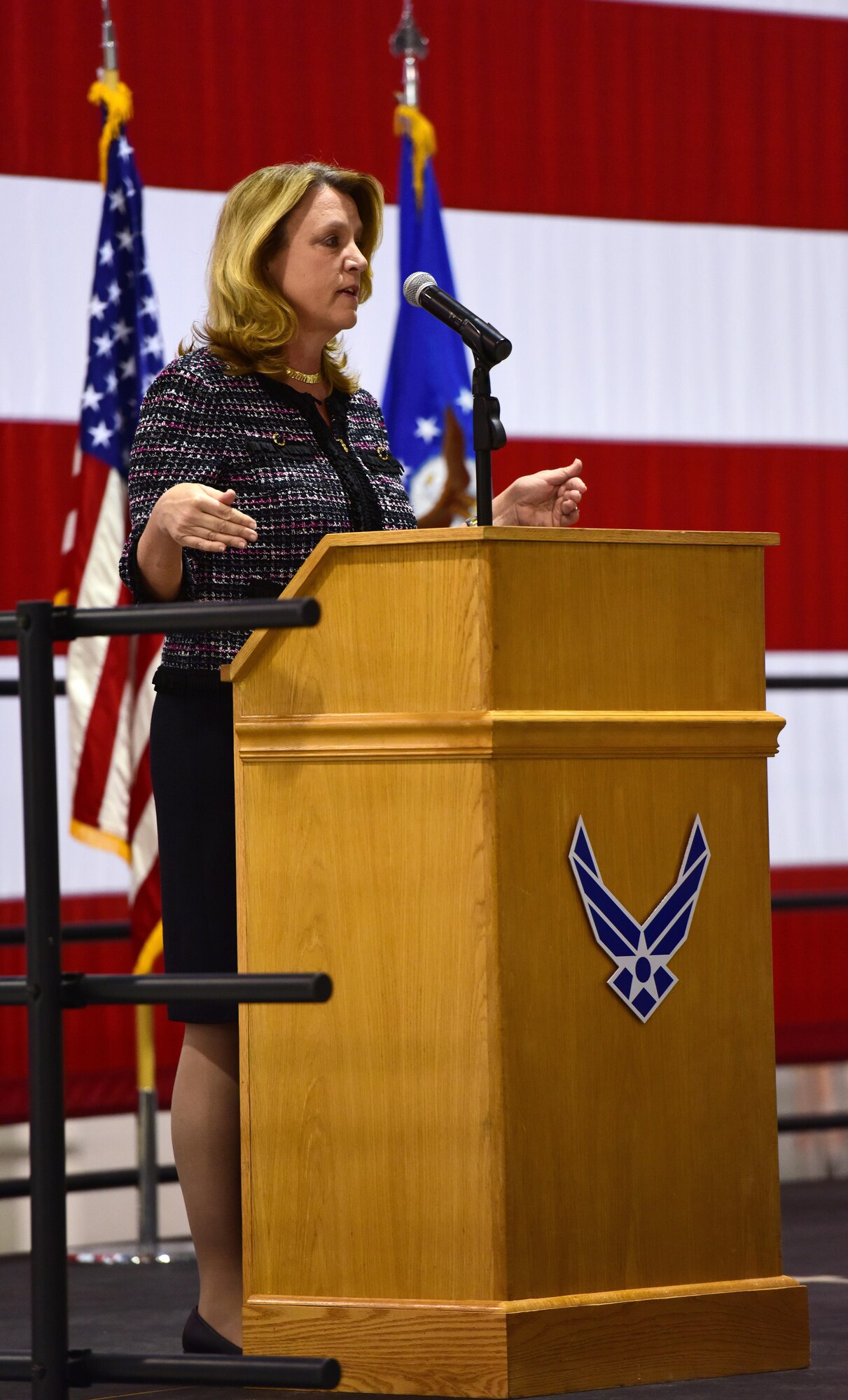 Secretary of the Air Force Deborah Lee James speaks during an all call at Whiteman Air Force Base, Mo., Nov. 9, 2016. During her visit to Whiteman, James met with Airmen, flew in a B-2 Spirit and held an all call to discuss her top three priorities and the current state of the Air Force. (U.S. Air Force photo by Senior Airman Joel Pfiester)