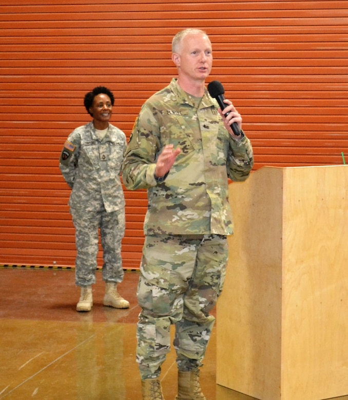 Brig. Gen. David E. Elwell, 311th Expeditionary Sustainment Command commanding general, addresses the troops of the 314th Combat Sustainment Support Battalion, who will be deploying to Iraq for Operation Inherent Resolve to support war fighters in that area of operation, and joined the 3rd Congressional District of Nevada’s congressman, Congressman Joseph John Heck, who is also a brigadier general in the U.S. Army Reserves, at the Nevada National Guard Armory for a deployment ceremony November 5.