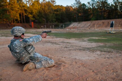 Staff Sgt. Thomas Walsh, with the 744th Engineer Company, 321st Engineer Battalion, engages moving targets in the novice category on the third day of the U.S. Army Forces Command Weapons Marksmanship Competition Nov. 9, 2016, at Fort Bragg, N.C. The four-day FORSCOM competition features marksmen from the U.S. Army, U.S. Army Reserve, and the National Guard in events for the M9 pistol, the M4A1 rifle and the M249 SAW, or Squad Automatic Weapon, to recognize Soldiers who are beyond expert marksmen. The multi-tiered events challenge the competitors' ability to accurately and quickly engage targets in a variety of conditions and environments. (U.S. Army photo by Timothy L. Hale/Released)