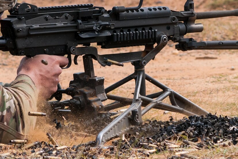 Spent shell casings pile up during the Lumber Cut event on the third day of the U.S. Army Forces Command Weapons Marksmanship Competition Nov. 9, 2016, at Fort Bragg, N.C. The four-day FORSCOM competition features marksmen from the U.S. Army, U.S. Army Reserve, and the National Guard in events for the M9 pistol, the M4A1 rifle and the M249 SAW, or Squad Automatic Weapon, to recognize Soldiers who are beyond expert marksmen. The multi-tiered events challenge the competitors' ability to accurately and quickly engage targets in a variety of conditions and environments. (U.S. Army photo by Timothy L. Hale/Released)