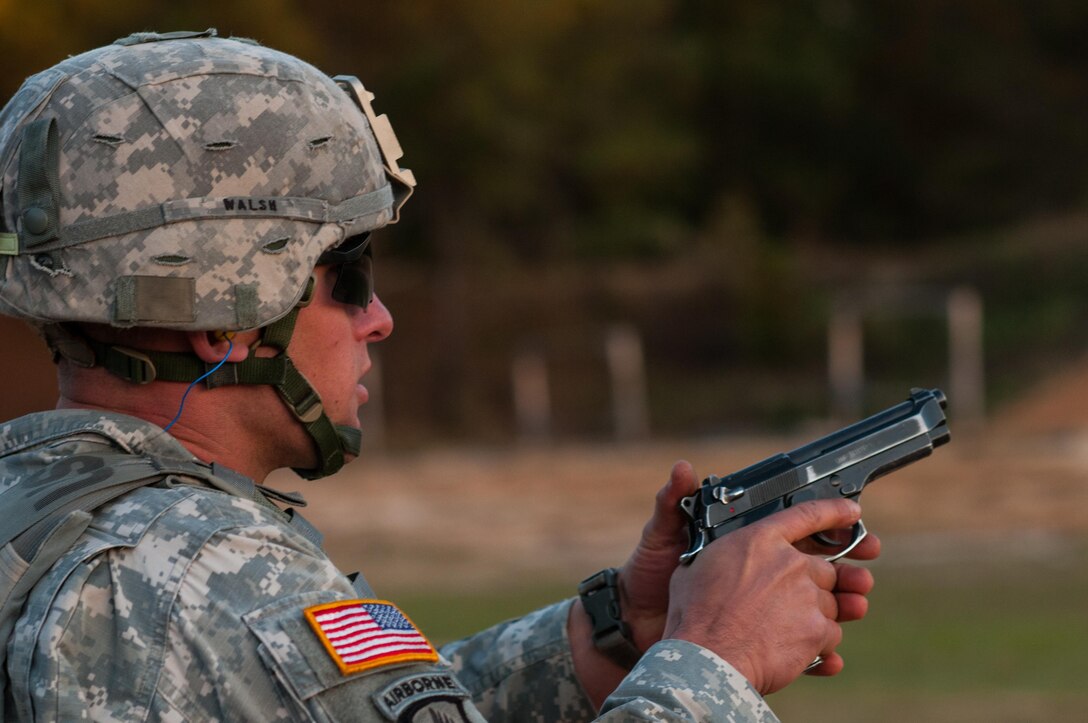 Staff Sgt. Thomas Walsh, with the 744th Engineer Company, 321st Engineer Battalion, engages moving targets in the novice category on the third day of the U.S. Army Forces Command Weapons Marksmanship Competition Nov. 9, 2016, at Fort Bragg, N.C. The four-day FORSCOM competition features marksmen from the U.S. Army, U.S. Army Reserve, and the National Guard in events for the M9 pistol, the M4A1 rifle and the M249 SAW, or Squad Automatic Weapon, to recognize Soldiers who are beyond expert marksmen. The multi-tiered events challenge the competitors' ability to accurately and quickly engage targets in a variety of conditions and environments. (U.S. Army photo by Timothy L. Hale/Released)