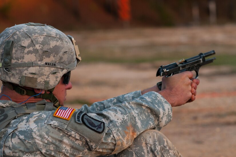 Staff Sgt. Thomas Walsh, with the 744th Engineer Company, 321st Engineer Battalion, engages moving targets in the novice category on the third day of the U.S. Army Forces Command Weapons Marksmanship Competition Nov. 9, 2016, at Fort Bragg, N.C. The four-day FORSCOM competition features marksmen from the U.S. Army, U.S. Army Reserve, and the National Guard in events for the M9 pistol, the M4A1 rifle and the M249 SAW, or Squad Automatic Weapon, to recognize Soldiers who are beyond expert marksmen. The multi-tiered events challenge the competitors' ability to accurately and quickly engage targets in a variety of conditions and environments. (U.S. Army photo by Timothy L. Hale/Released)