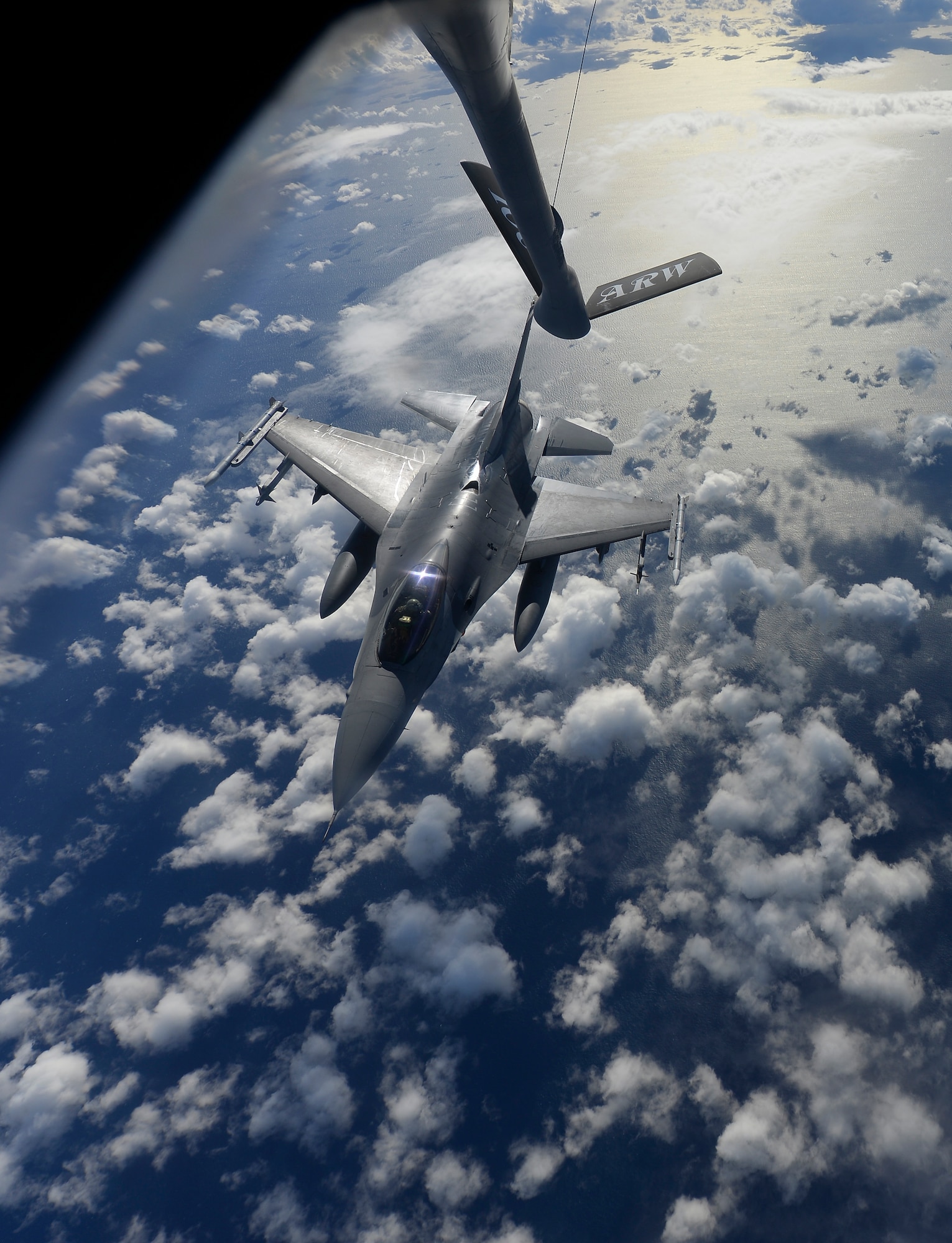 A U.S. Air Force F-16 Fighting Falcon assigned to the 31st Fighter Wing, Aviano Air Base, Italy, breaks away after receiving fuel over the Mediterranean Sea from a KC-135 Stratotanker assigned to the 100th Air Refueling Wing, RAF Mildenhall, England, during Exercise Tonnerre Lighting Nov. 9, 2016. Training exercises such as Tonnerre Lightning enable the U.S., U.K., and France to enhance their mutual abilities to work together toward regional security. (U.S. Air Force photo by Staff Sgt. Micaiah Anthony)