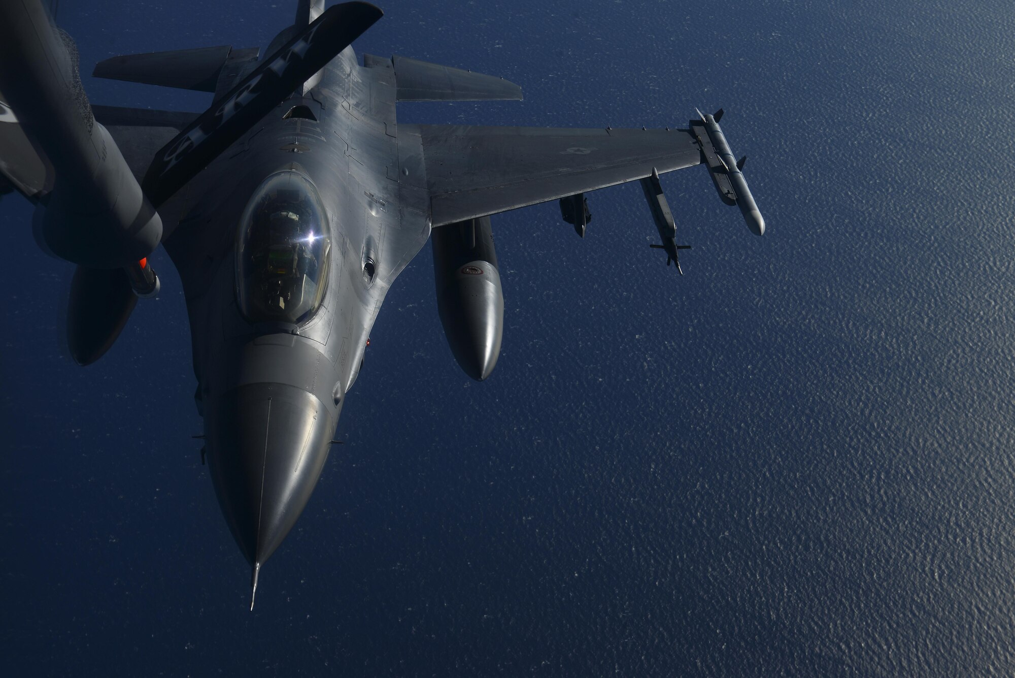 A U.S. Air Force F-16 Fighting Falcon assigned to the 31st Fighter Wing, Aviano Air Base, Italy, prepares to take fuel over the Mediterranean Sea from a KC-135 Stratotanker assigned to the 100th Air Refueling Wing, RAF Mildenhall, England, during Exercise Tonnerre Lighting Nov. 9, 2016. Tonnerre Lightning is a trilateral exercise with France and the U.K. that has taken place biannually since 2014. The training focuses on refining communication procedures while building interoperability capabilities and readiness to conduct combined air operations. (U.S. Air Force photo by Staff Sgt. Micaiah Anthony)