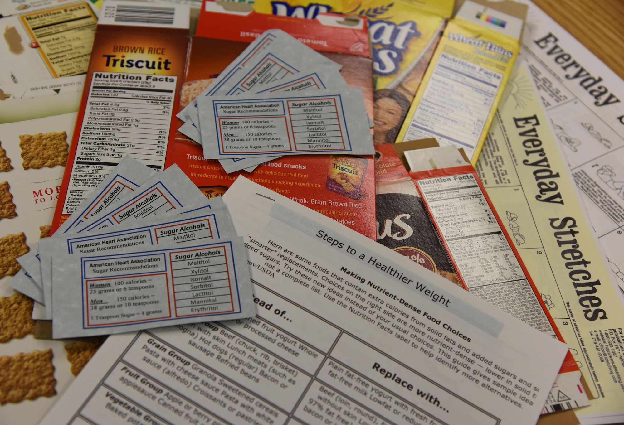 Nutrition labels, exercise guides and dietary plans sit on display during a Better Body. Better Life. class at the Professional Development Center Nov. 9, 2016, on Keesler Air Force Base, Miss. The program is designed to help individuals lose and maintain their weight and enjoy an overall healthy lifestyle. Classes are currently offered each quarter depending on participation. For more information call 228-376-3171. (U.S. Air Force photo by Kemberly Groue/Released)