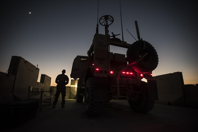 Senior Airman Tyler Phillips, a 451st Expeditionary Support Squadron response force member, monitors his team’s security sector at Kandahar Airfield, Afghanistan, Nov. 5, 2016. Response force teams are posted around the airfield to ensure 360-degree security. (U.S. Air Force photo/Staff Sgt. Katherine Spessa)