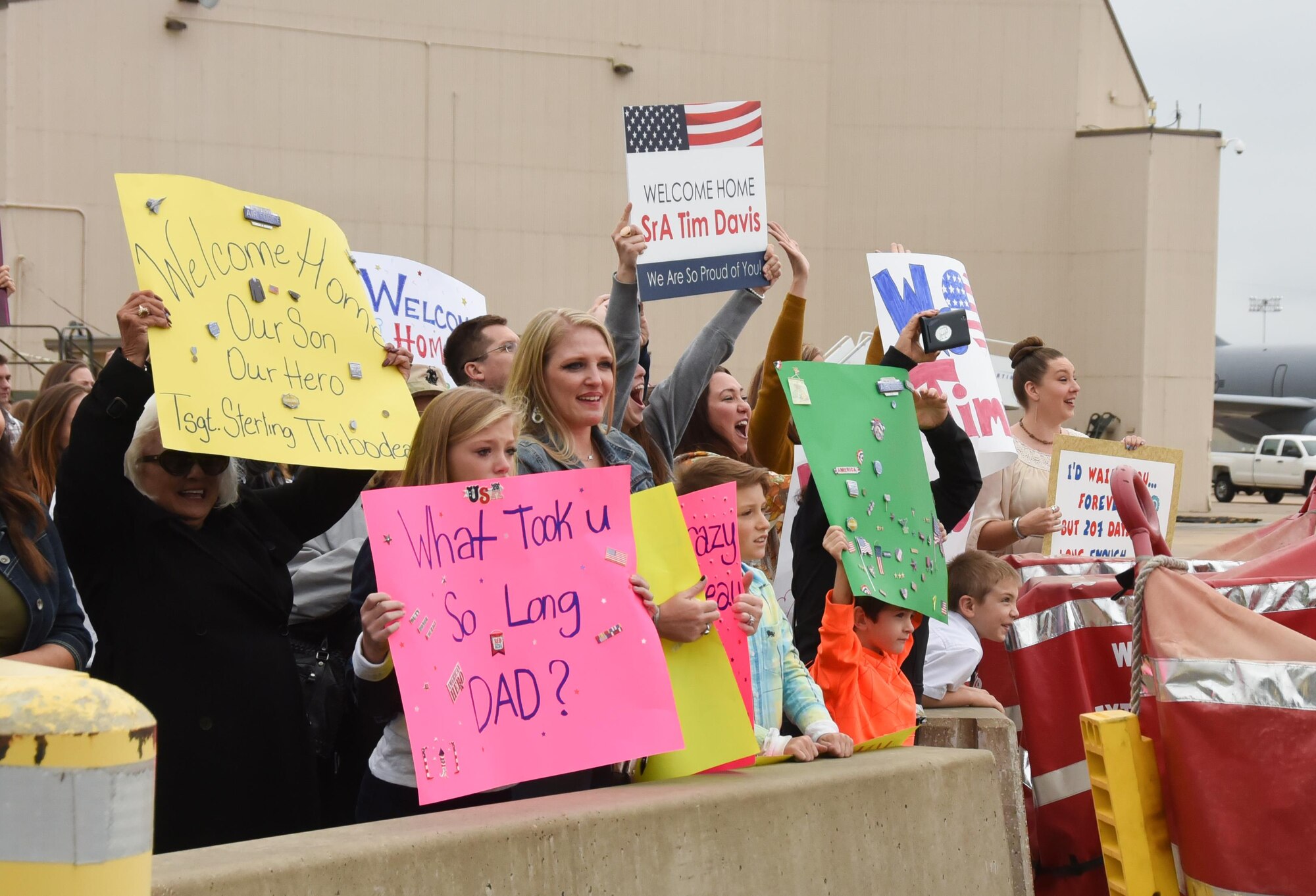 301st Fighter Wing members, families and friends welcome more than 100 Airmen home from Afghanistan Nov. 9, 2016, at Naval Air Station Fort Worth Joint Reserve Base, Texas. Airmen deployed in support of Operation Freedom's Sentinel, which focused on maintaining security and stability in the deployed region. (U.S. Air Force photo by Tech. Sgt. Melissa Harvey)