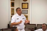 Suboficial Jefe Técnico de Comando (Command Chief Technical Petty Officer) Andres Pacheco, Colombian Navy, speaks to paticipants during a Colombian Army Sergeants Major and Joint Sergeants Major Academy visit to U.S. Army South headquarters at Joint Base San Antonio-Fort Sam Houston Oct. 24. 