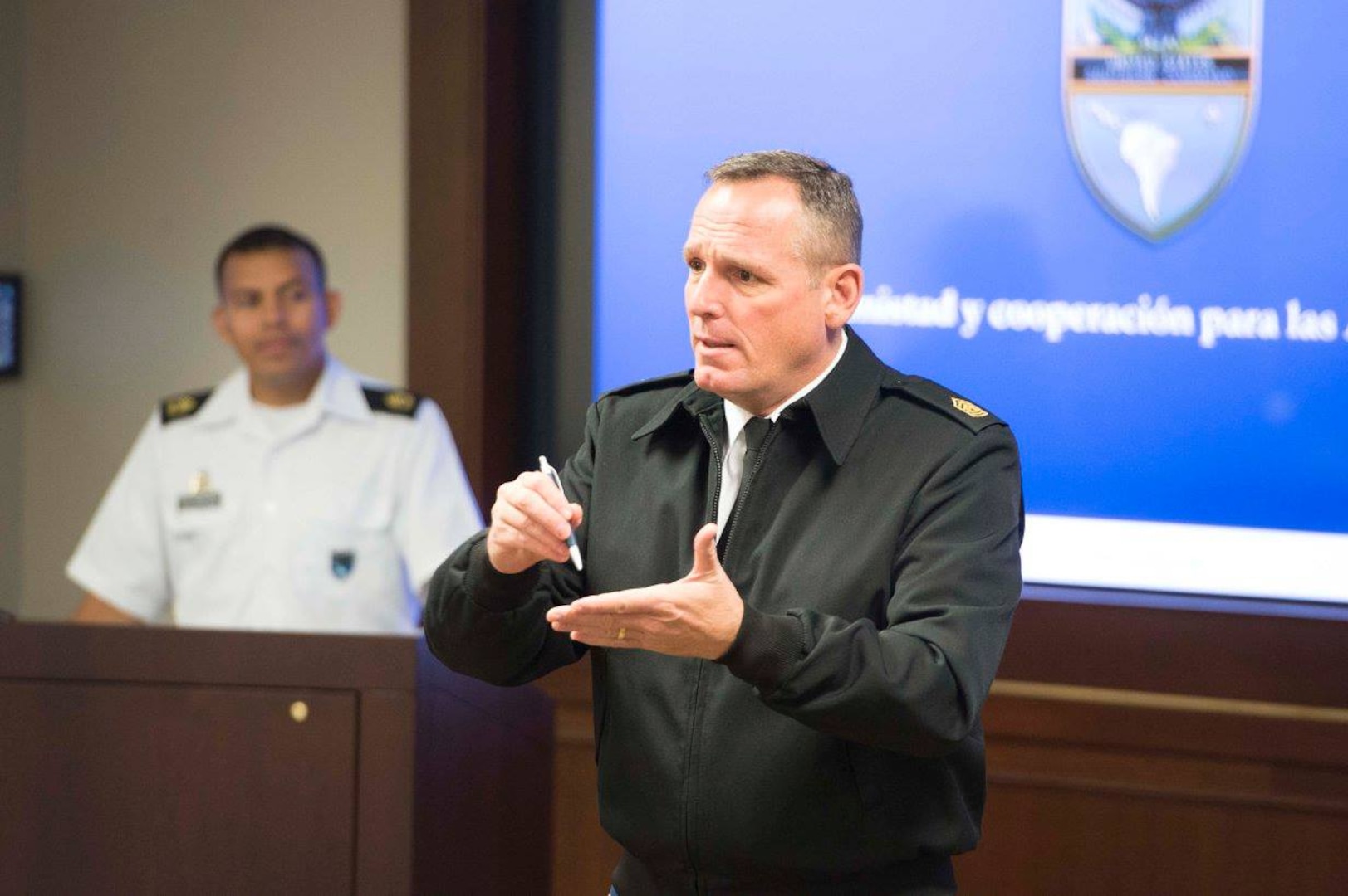 Command Sgt. Maj. William Zaiser, U.S. Southern Command, addresses paticipants during day one of a Colombian Army Sergeants Major and Joint Sergeants Major Academy visit to U.S. Army South headquarters to U.S. Army South headquarters at Joint Base San Antonio-Fort Sam Houston Oct. 24. 