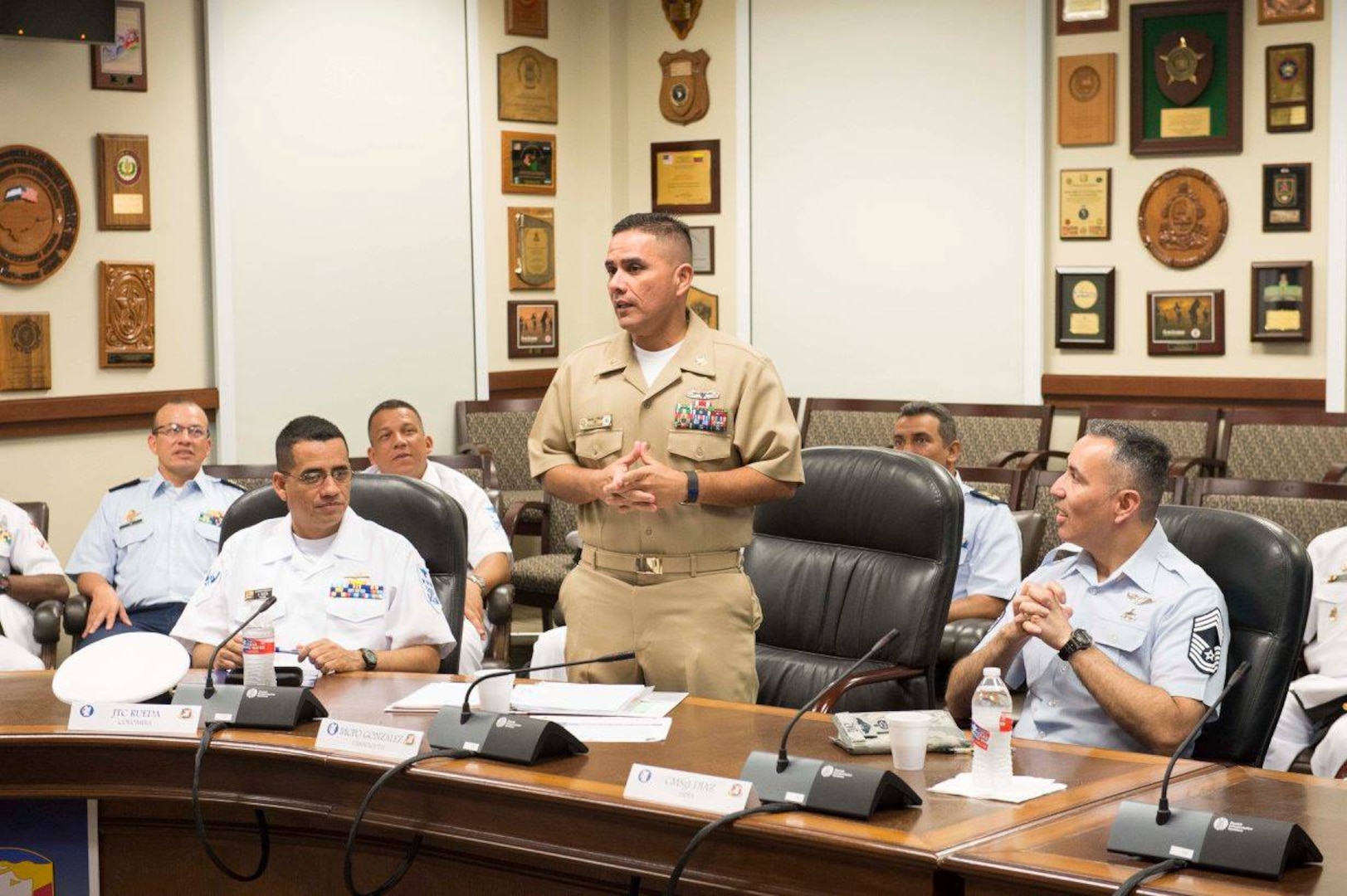 Master Chief Petty Officer Johannes Gonzalez, U.S. Navy Forces South, answers a question during a Colombian Command Sergeants Major and Joint Sergeants Major Academy visit to U.S. Army South headquarters at Joint Base San Antonio-Fort Sam Houston Oct. 24. 