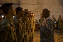Maj. Gen. Anthony Cotton, 20th Air Force commander, talks with tactical response force members at Minot Air Force Base, N.D., Nov. 8, 2016. The general stressed the importance of the TRF mission and thanked the team for their hard work. (U.S. Air Force photo/Senior Airman Apryl Hall)