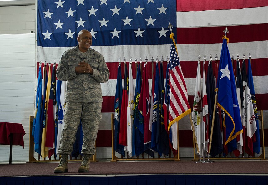 Maj. Gen. Anthony Cotton, 20th Air Force commander, speaks during the 91st Missile Wing birthday celebration at Minot Air Force Base, N.D., Nov. 9, 2016. The general spoke about the importance of the wing’s mission in our nation’s security for the past 68  years. (U.S. Air Force photos/Senior Airman Apryl Hall)