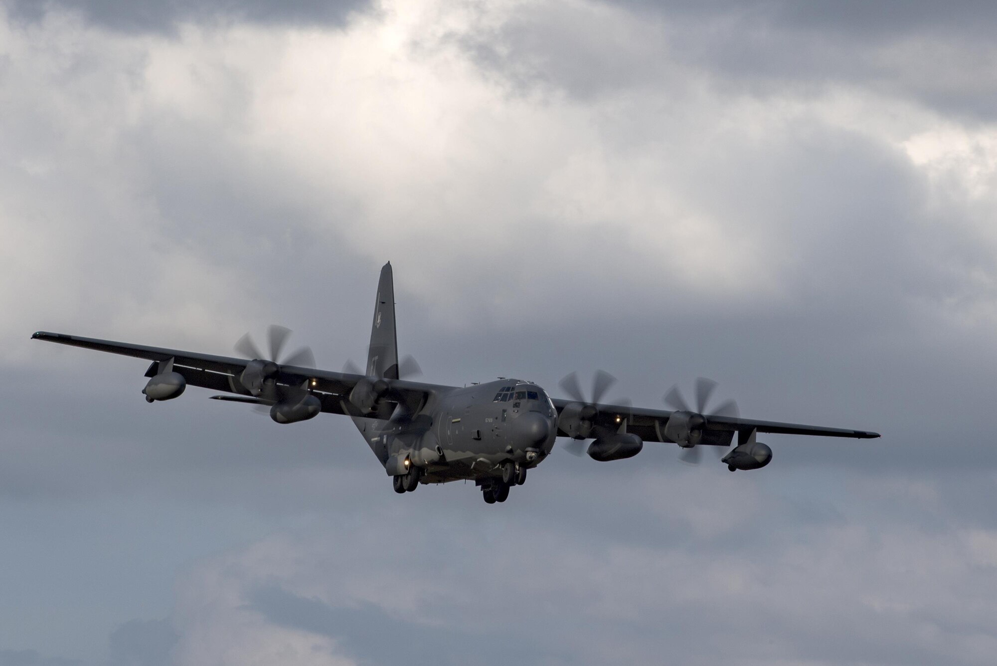 An HC-130J Combat King II from the 71st Rescue Squadron prepares to land during a rapid-rescue exercise, Nov. 2, 2016 in Marianna, Fla. The exercise was designed to test the 347th Rescue Group’s ability to rapidly deploy, plan and execute rescue operations in combat environments. The exercise included HC-130J Combat King IIs, HH-60G Pave Hawks, C-17 Globemaster IIIs, A-10C Thunderbolt IIs, E-8C Joint Stars, pararescuemen and maintenance, intelligence and support personnel. (U.S. Air Force photo by Tech. Sgt. Zachary Wolf)