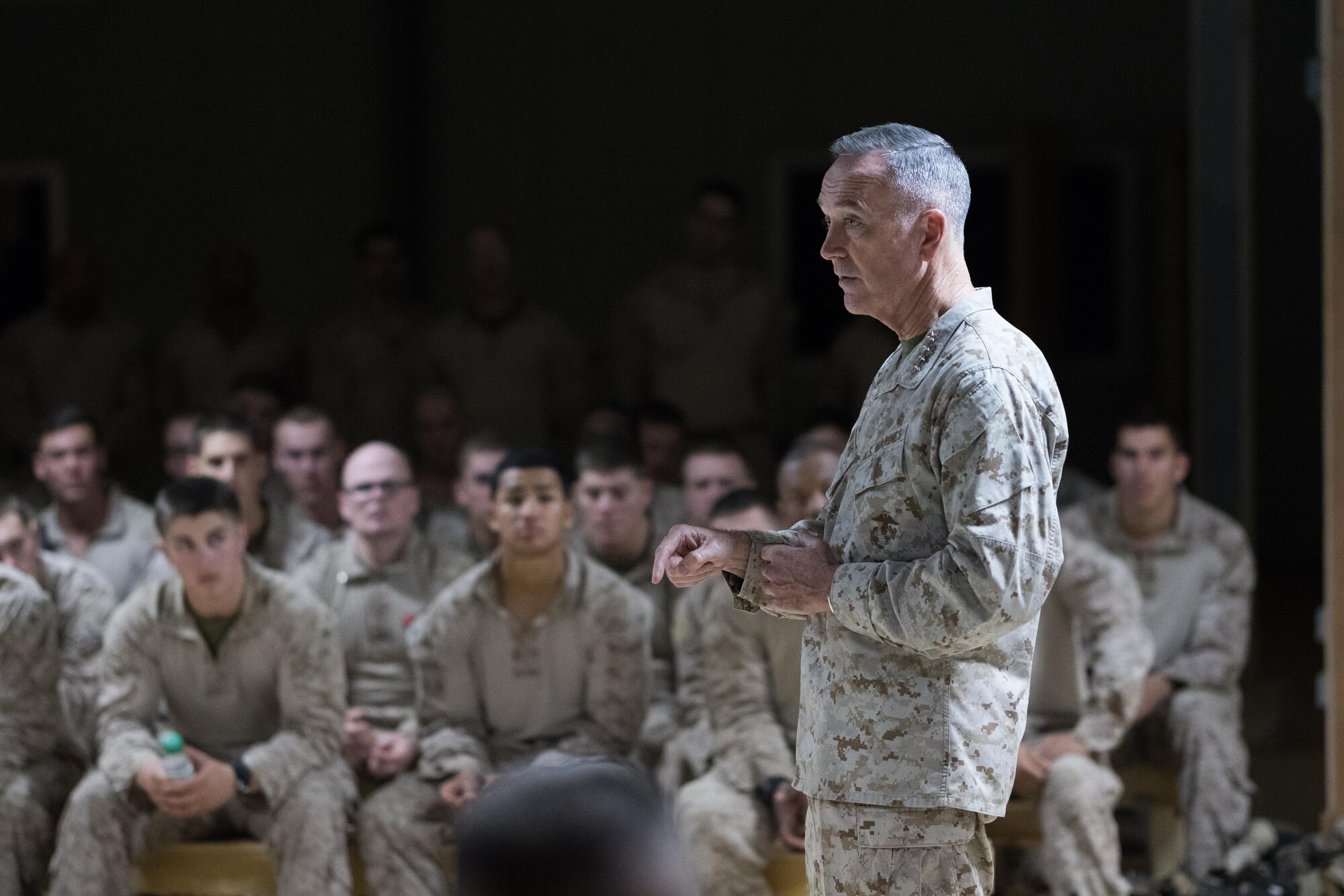 U.S. Marine Corps Gen. Joseph F. Dunford, Jr., chairman of the Joint Chiefs of Staff, visits service members to thank them for supporting Iraqi Counter-ISIL Fight. The mission of the task force here is to support Iraqi forces operating in Anbar province and to train local Sunni tribesmen to take on ISIL and to prevent the terror group from rising again once it is defeated. (DoD photo by Myles Cullen) 