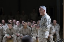 U.S. Marine Corps Gen. Joseph F. Dunford, Jr., chairman of the Joint Chiefs of Staff, visits service members to thank them for supporting Iraqi Counter-ISIL Fight. The mission of the task force here is to support Iraqi forces operating in Anbar province and to train local Sunni tribesmen to take on ISIL and to prevent the terror group from rising again once it is defeated. (DoD photo by Myles Cullen) 