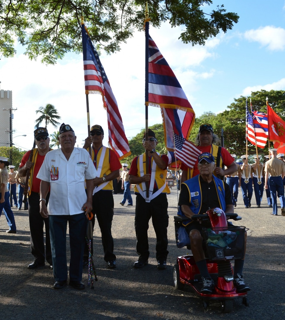 Members of the Veterans of Foreign Wars, American Legion and Korean War Veterans Association stand ready prior to the 34th Annual Waianae Veterans Day Parade at Waianae, Hawaii, on Nov. 5, 2016. The veterans who served in the U.S. Army in the Korean and Vietnam wars participated in one of the earliest held annual Veterans Day celebrations in the country. 