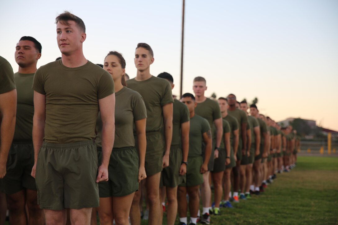 Marines and Sailors with I Marine Expeditionary Force prepare for a motivational run at Marine Corps Base Camp Pendleton, Calif., Nov. 10, 2016. The motivational run was done in celebration of the 241st birthday of the United States Marine Corps. On Nov. 1, 1921, General John A. Lejeune, 13th Commandant of the Marine Corps, directed that Marines throughout the globe would celebrate their traditions on the Marine Corps Birthday, Nov. 10.  (U.S. Marine Corps photo by Pfc. Robert Bliss)