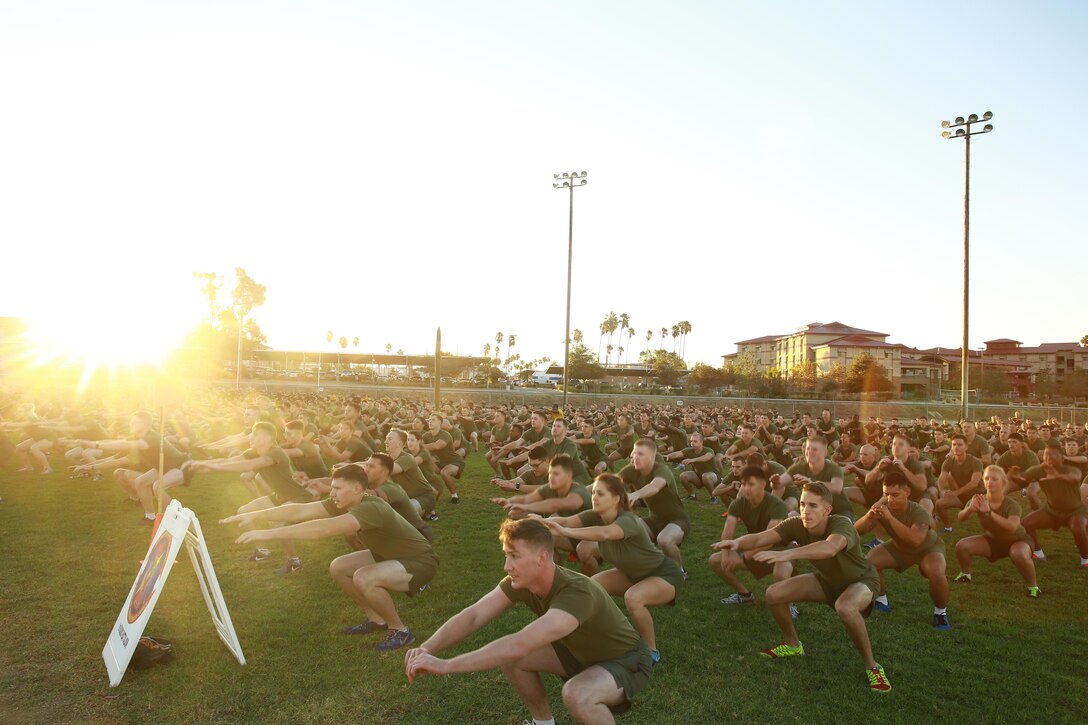 Marines and Sailors with I Marine Expeditionary Force warm up for a motivational run at Marine Corps Base Camp Pendleton, Calif., Nov. 10, 2016. The motivational run was done in celebration of the 241st birthday of the United States Marine Corps. On Nov. 1, 1921, General John A. Lejeune, 13th Commandant of the Marine Corps, directed that Marines throughout the globe would celebrate their traditions on the Marine Corps Birthday, Nov. 10.  (U.S. Marine Corps photo by Pfc. Robert Bliss)