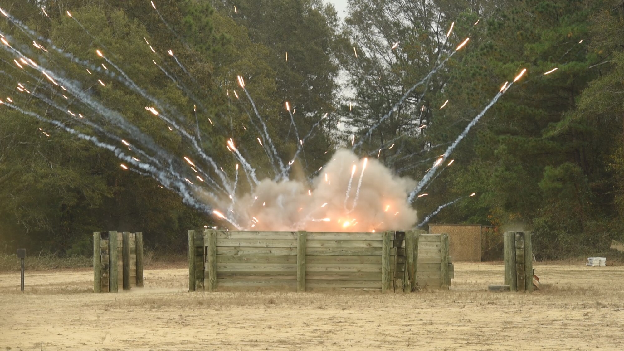 A hung flare from an F-15E Strike Eagle aircraft was disposed of by members of the 4th Civil Engineer Squadron explosive ordnance disposal team, Nov. 9, 2016, at Seymour Johnson Air Force Base, North Carolina. A flare, when not fully ignited, presents a hazard when not properly handled; EOD safely removes the hazard from the aircraft so it can return to a fully mission- capable status. (U.S. Air Force photo by Airman Shawna L. Keyes)