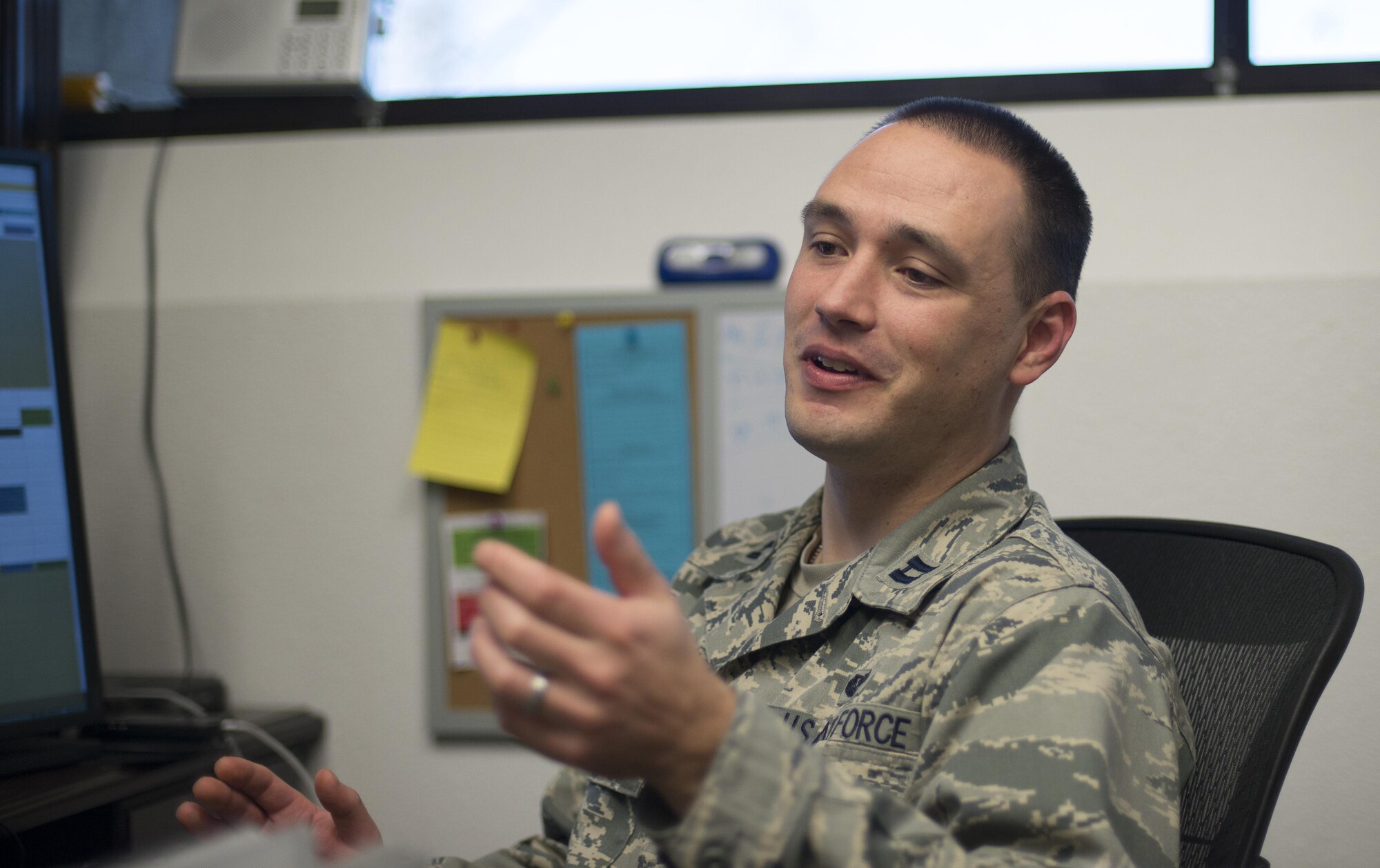 Capt. Justin Rossi, a Special Victims Counsel attorney stationed at Mountain Home Air Force Base, Idaho, explains the services that his office provides Nov. 9, 2016. Capt. Rossi is one of 11 SVCs who provide services to members stationed in the western United States. (U.S. Air Force photo by 2nd Lt. Kevyn Stinett/Released)