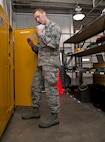 Airman 1st Class Joshua Davis, 5th Maintenance Squadron electrical and environmental apprentice, performs a shelf life inspection on various chemicals at Minot Air Force Base, N.D., Nov. 2, 2016. Electrical and environmental Airmen are responsible for storing various alloys and chemicals used for maintaining their equipment. (U.S. Air Force photo/Airman 1st Class Jonathan McElderry)