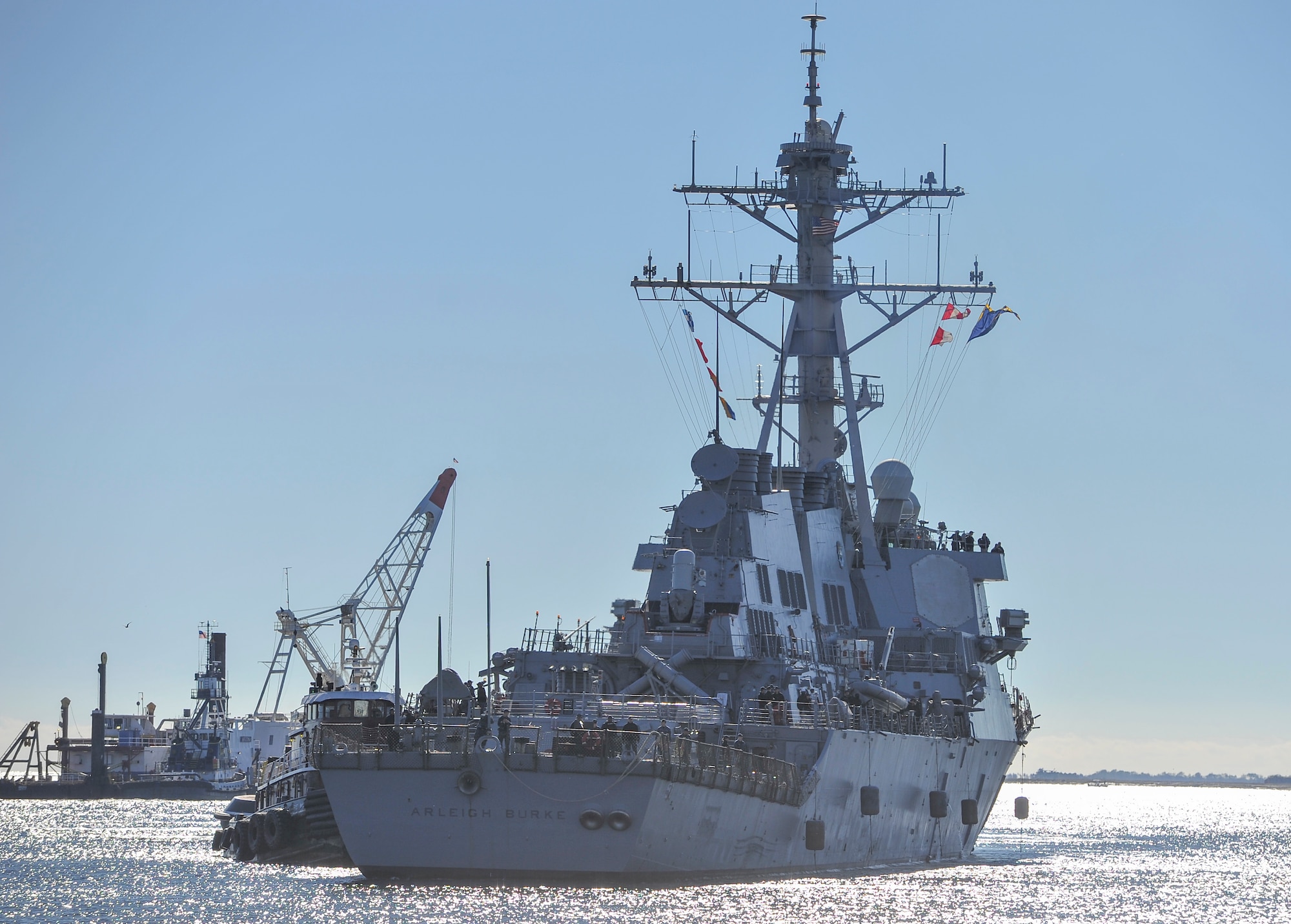 The USS Arleigh Burke (DDG-51) arrives in Charleston, South Carolina, Nov. 10, 2016. The destroyer was named for U.S. Navy Adm. Arleigh A. Burke who served in World War II, the Korean War and as the Chief of Naval Operations. The USS Arleigh Burke is the lead ship of that class of Aegis-equipped guided missile destroyers. 